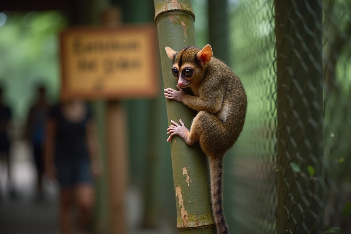 Tarsier dans un sanctuaire responsable à Bohol avec des visiteurs en arrière-plan respectant la faune sauvage