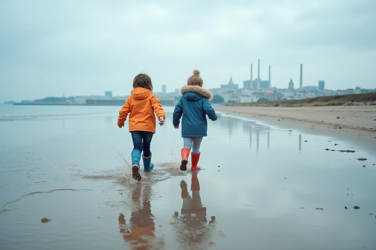 Enfants courant sur la plage de Sandymount Strand avec la skyline de Dublin en arrière-plan