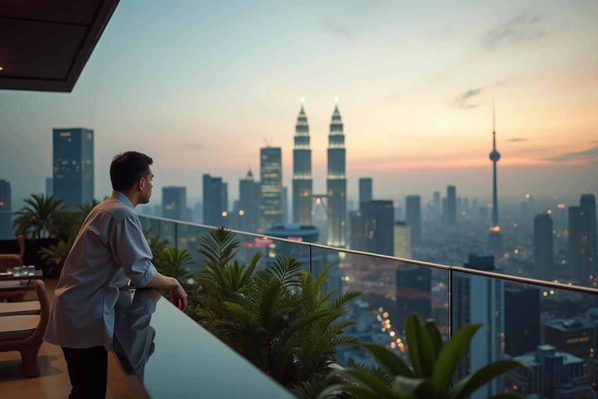 Vue panoramique du skyline de Kuala Lumpur depuis une terrasse au crépuscule avec un homme contemplant la ville
