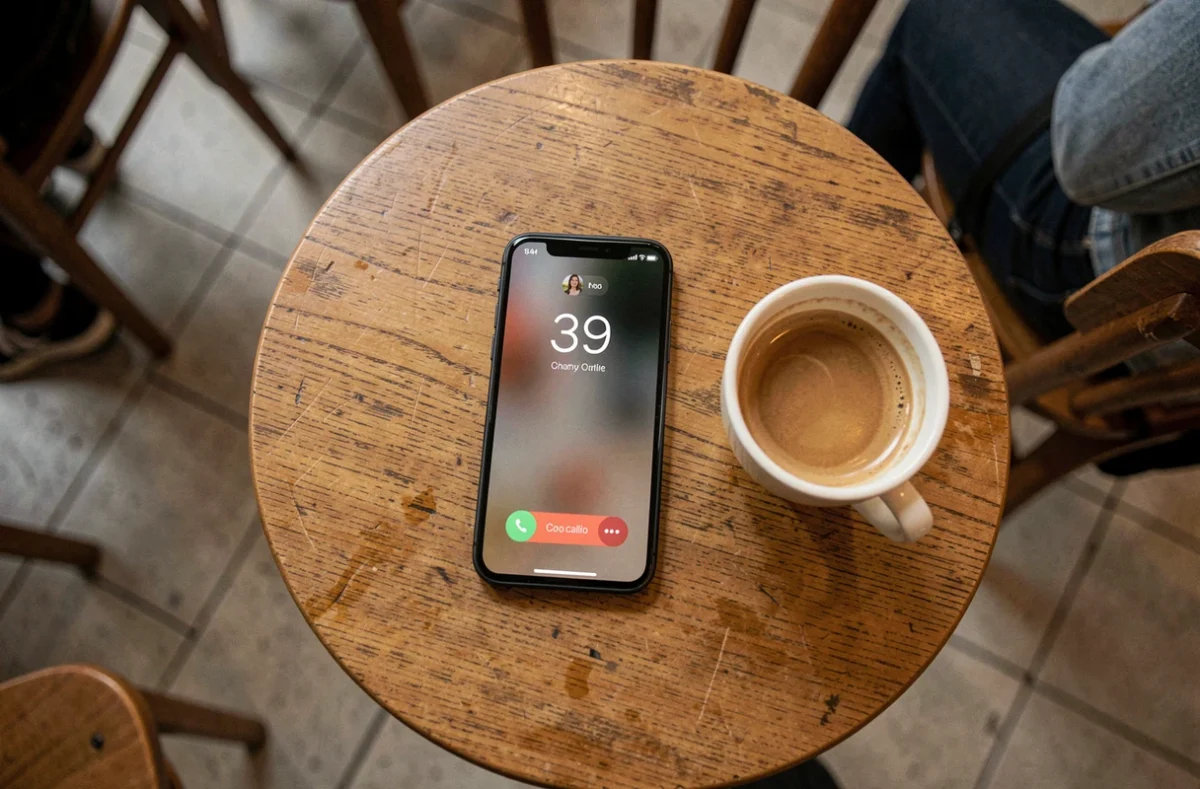 Smartphone sur une table de café affichant un appel entrant du numéro 39 potentiellement frauduleux