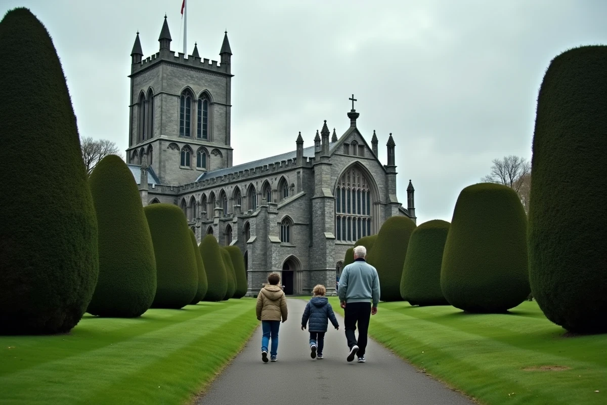 Père et enfants se promenant devant la façade gothique de la St. Patrick's Cathedral, la plus ancienne cathédrale de Dublin