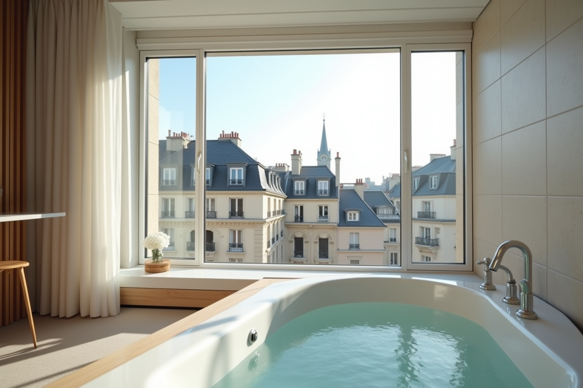 Suite d'hôtel moderne avec jacuzzi vue sur Paris