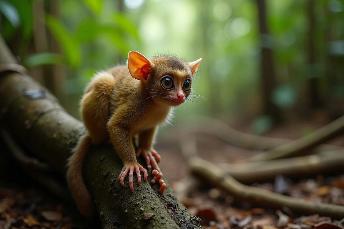 Tarsier des Philippines tourné de dos regardant l'objectif dans la forêt de Corella à Bohol