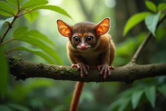 Tarsier des Philippines accroché à une branche dans la forêt tropicale de Bohol, gros yeux dorés au premier plan