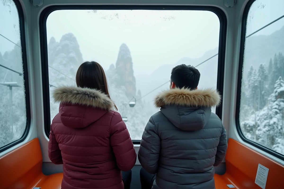 Couple dans le téléphérique de Tianmen Mountain en hiver observant les pics enneigés de Zhangjiajie depuis la cabine