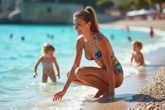 Mère testant la température de l'eau à Nice avec ses enfants sur la plage de galets de la Promenade des Anglais