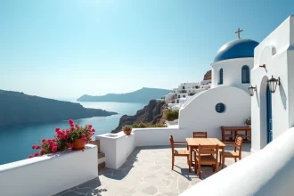 Terrasse d'hôtel sur les falaises de Folégandr os avec vue panoramique sur la mer Égée et l'architecture cycladique blanche