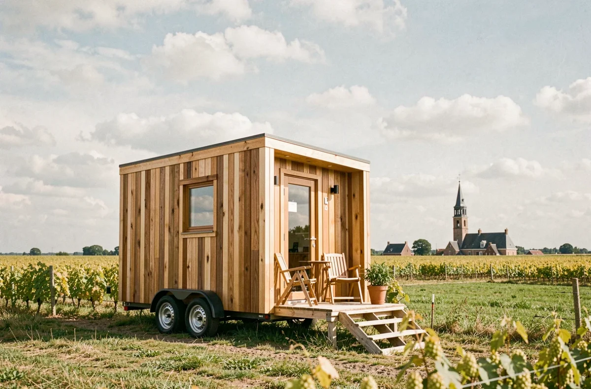 Tiny house en bois de cèdre de La Tiny House des Flandres à Bailleul avec sa petite terrasse et les champs de houblon flamands en arrière-plan