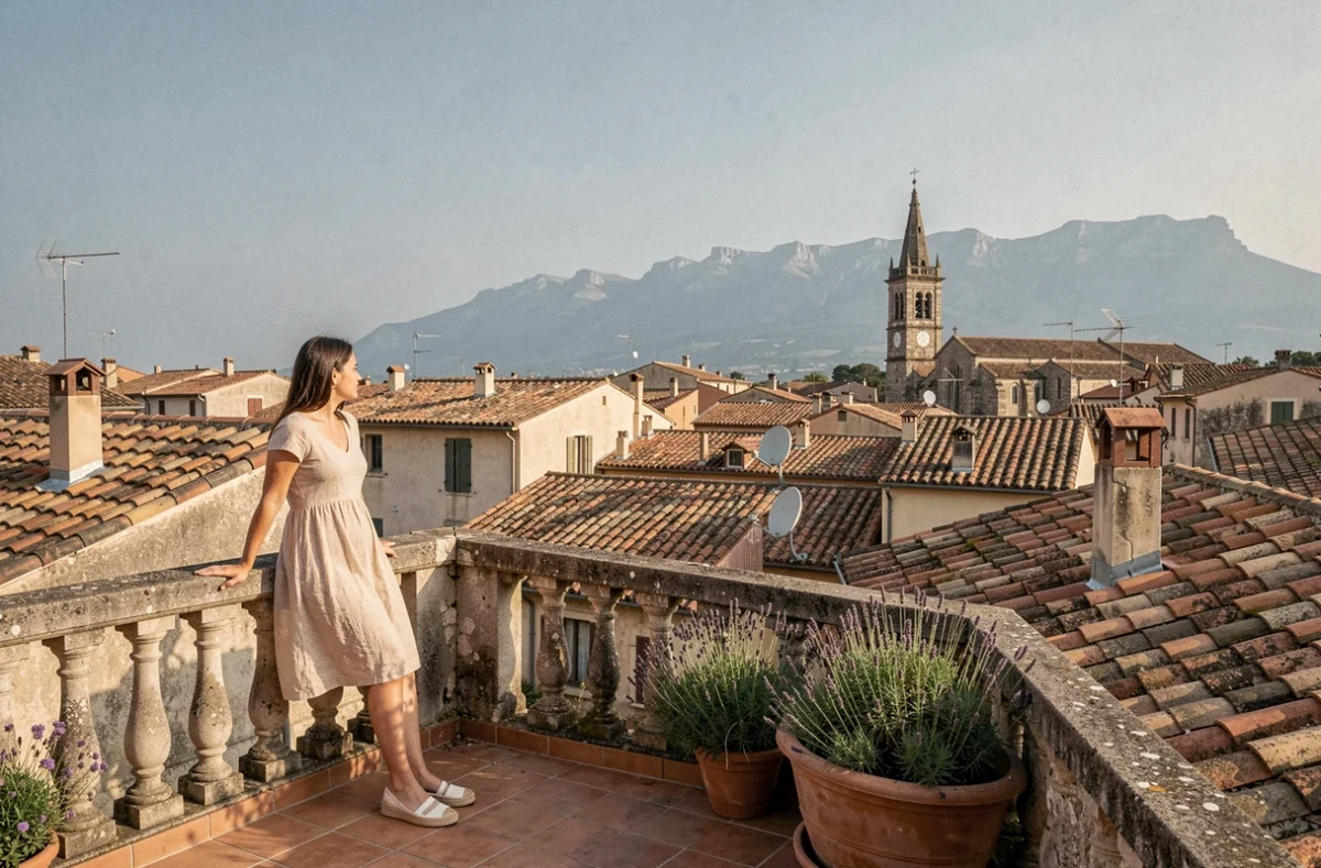 Vue panoramique sur les toits d'Aix-en-Provence depuis une terrasse secrète avec la montagne Sainte-Victoire