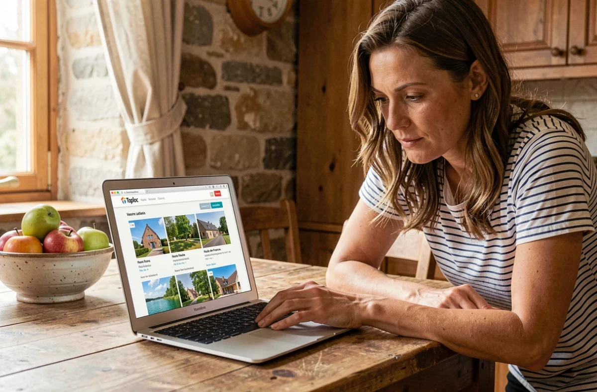 Femme consultant le site Toploc sur un ordinateur portable dans une cuisine de gîte en pierre dans les Hauts-de-France