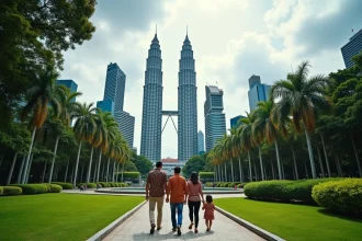 Les tours Petronas à Kuala Lumpur vues depuis le parc KLCC avec une famille malaisienne en promenade