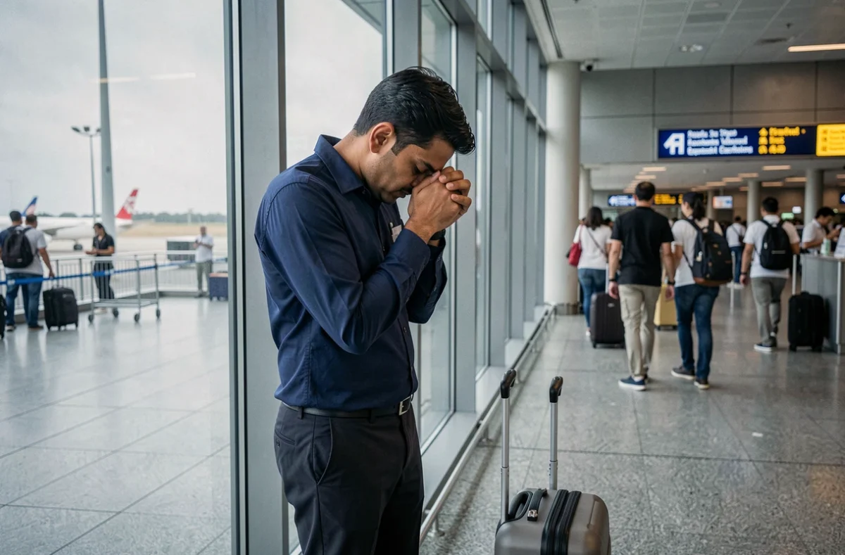 Travailleur expatrié récitant une prière du voyageur dans un terminal d'aéroport international avant son départ
