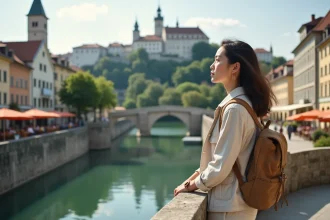 Femme avec sac à dos sur le Triple Pont de Ljubljana en Slovénie, vue sur le château médiéval en arrière-plan