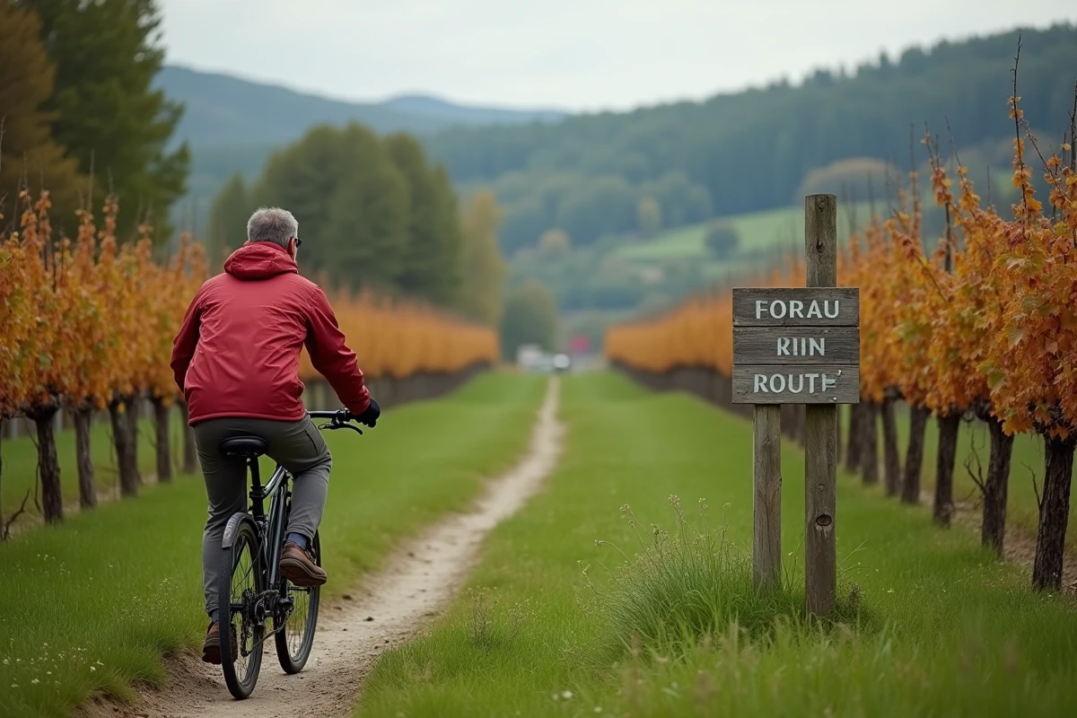 Cycliste sur une piste verte à travers les vignobles du Bas-Rhin, tourisme éco-responsable en Alsace