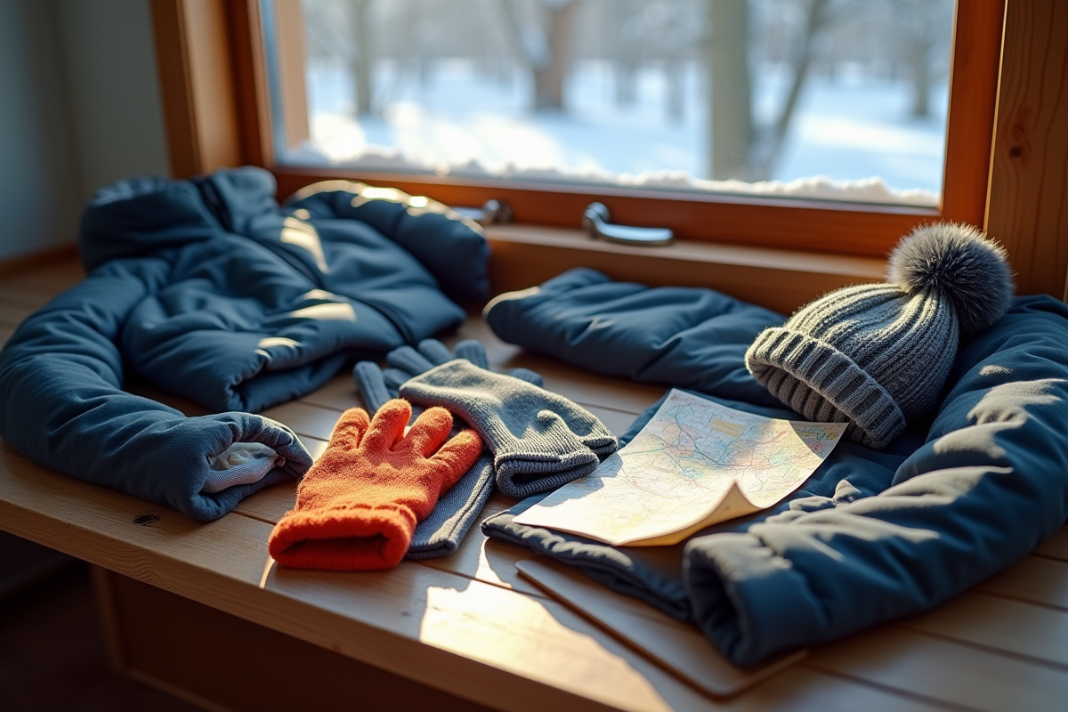 Vêtements et accessoires d hiver sur un banc en bois