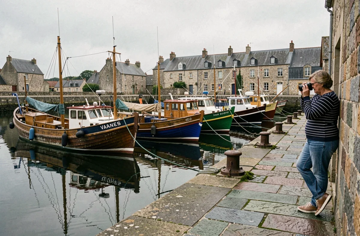 Vieux port de Vannes avec bateaux de pêche amarrés sur les quais en pierre de granit breton