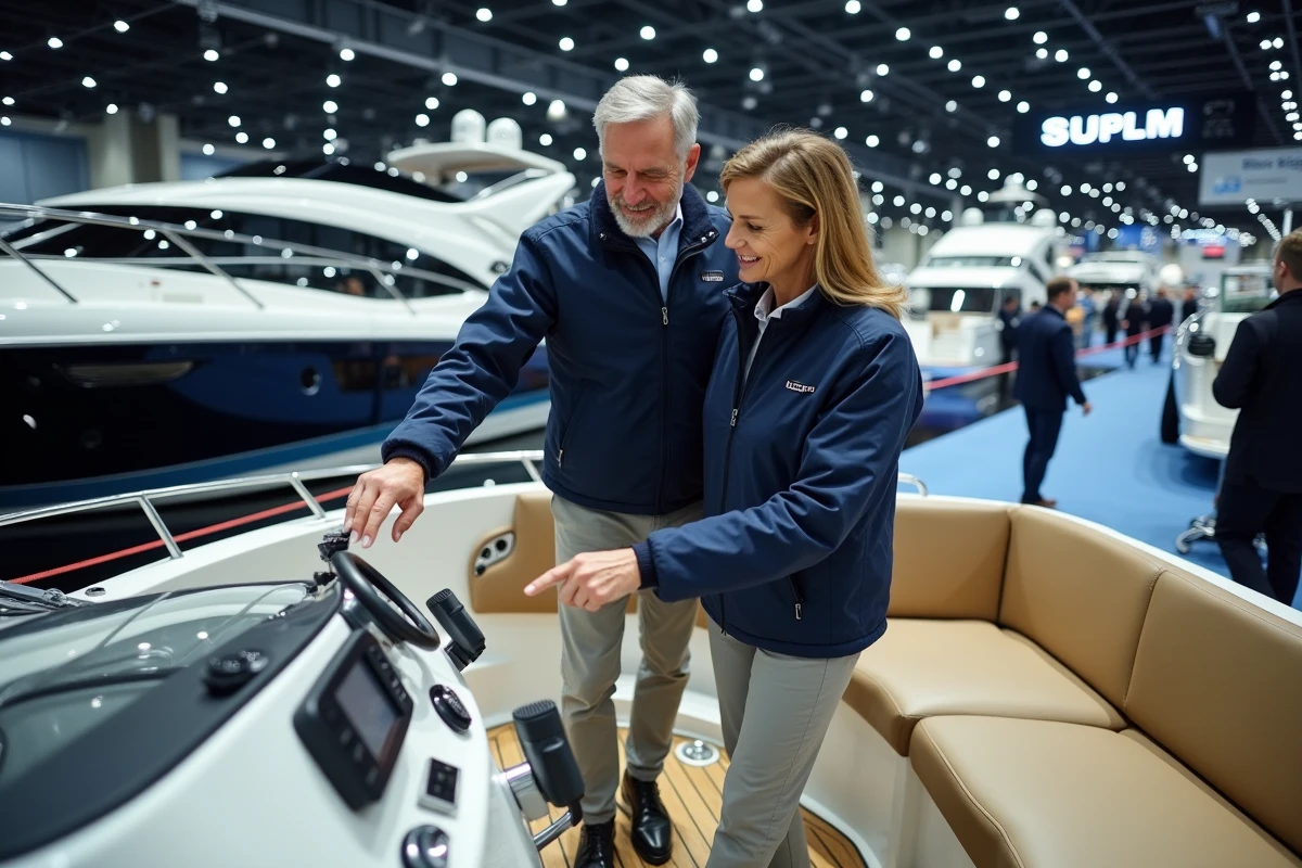 Couple visitant le Salon du nautisme de Paris et explorant le cockpit d'un bateau à moteur de luxe lors d'une exposition