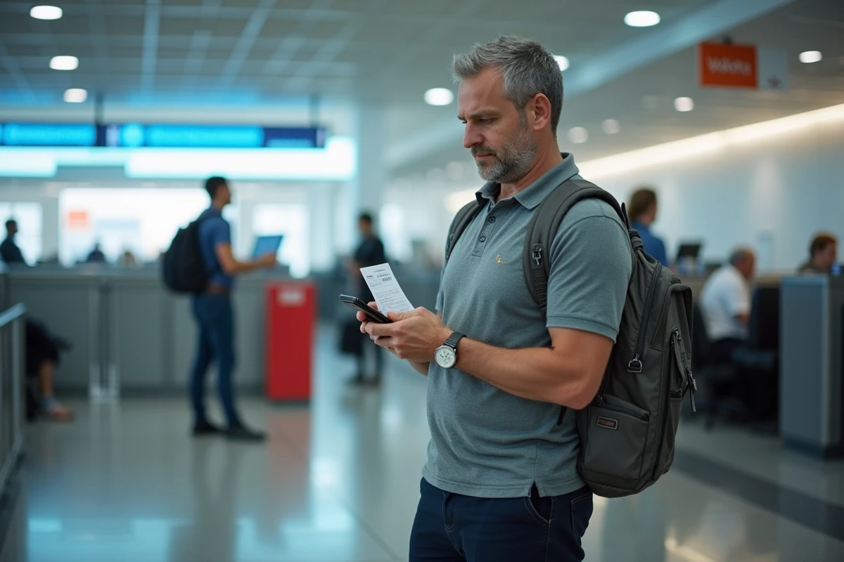 Voyageur masculin présentant sa carte d'embarquement prioritaire sur smartphone à la porte d'embarquement Volotea