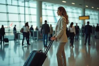 Voyageuse avec bagage cabine utilisant la file d'embarquement prioritaire Volotea dans un terminal d'aéroport européen