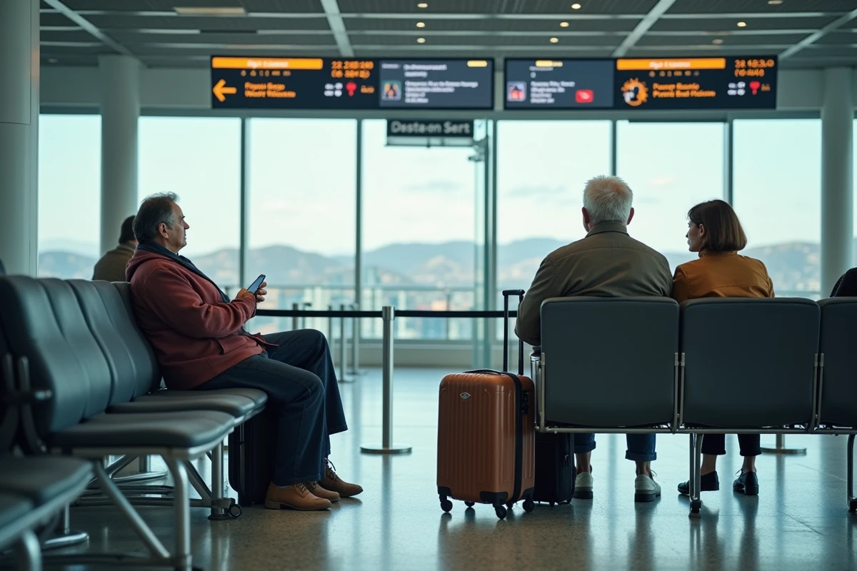 Groupe de voyageurs réguliers attendant l'embarquement prioritaire Volotea dans un aéroport du sud de l'Europe