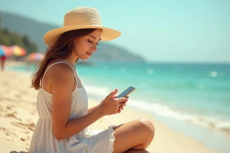Jeune femme en robe de lin sur une plage méditerranéenne cherchant des destinations pas chères en août sur son smartphone
