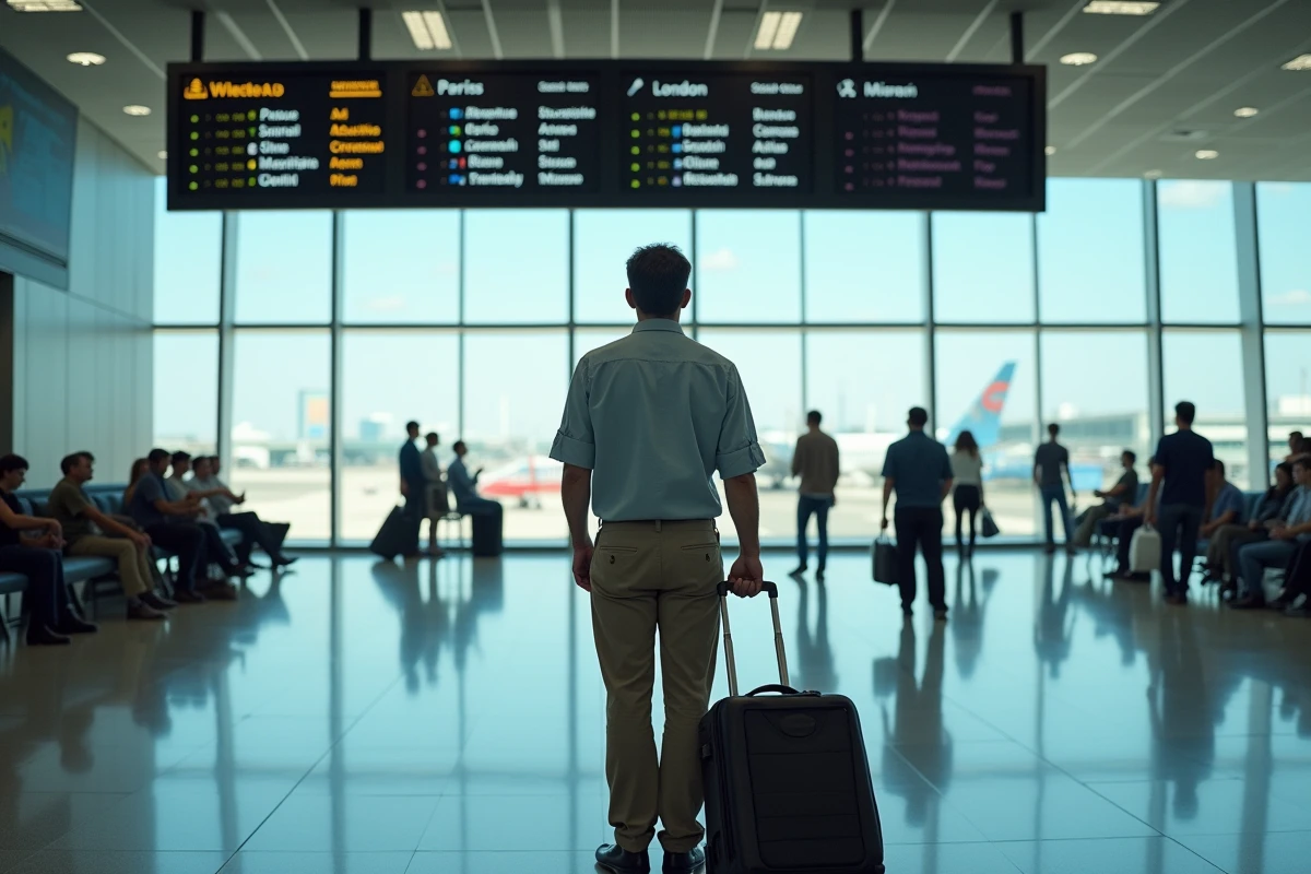 Voyageur à l'aéroport international de Miami consultant un panneau d'affichage avec plusieurs fuseaux horaires