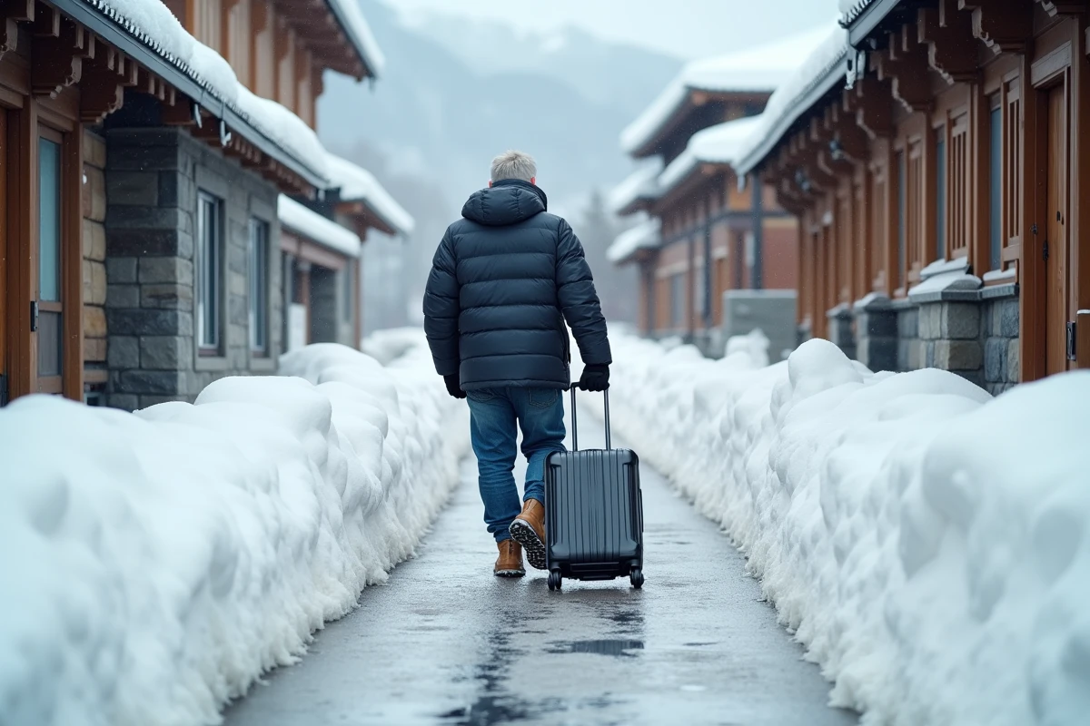 Voyageur arrivant à pied avec sa valise dans le village thermal de Nozawa Onsen sous la neige