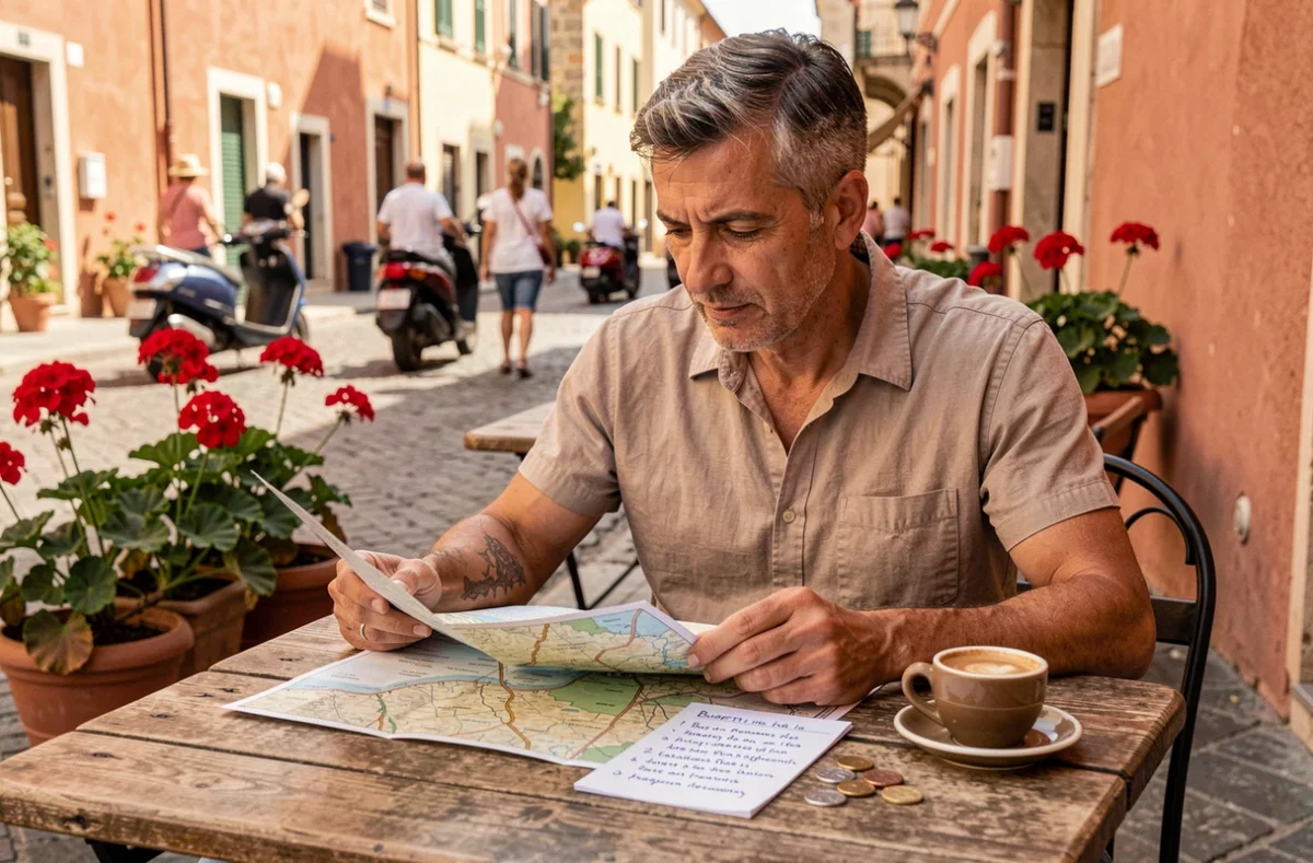 Homme consultant une carte et une liste d'astuces budget en terrasse de café dans une ville balnéaire méditerranéenne en été