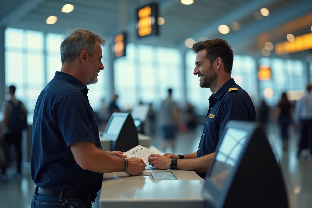 Voyageur au comptoir Air Algérie à l'aéroport pour effectuer un changement de billet sans frais supplémentaires