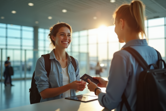 Voyageur souriant enregistrant son passeport à l'aéroport