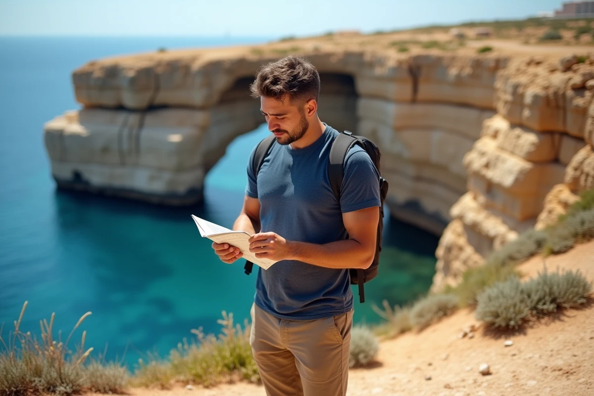 Voyageur solo consultant son guide touristique sur les falaises de Dwejra à Gozo avec vue sur la côte maltaise