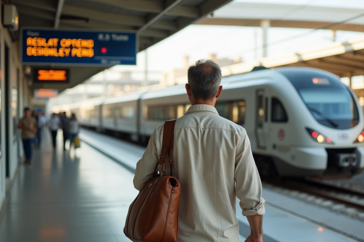 Voyageur tunisien sur le quai de la gare de Monastir attendant le train pour Tunis