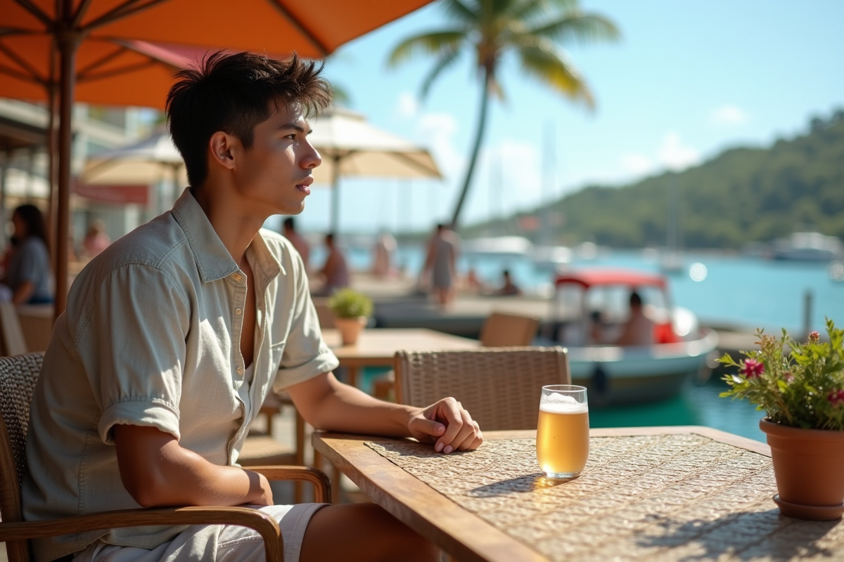 Jeune voyageur dans un port animé de Tahiti