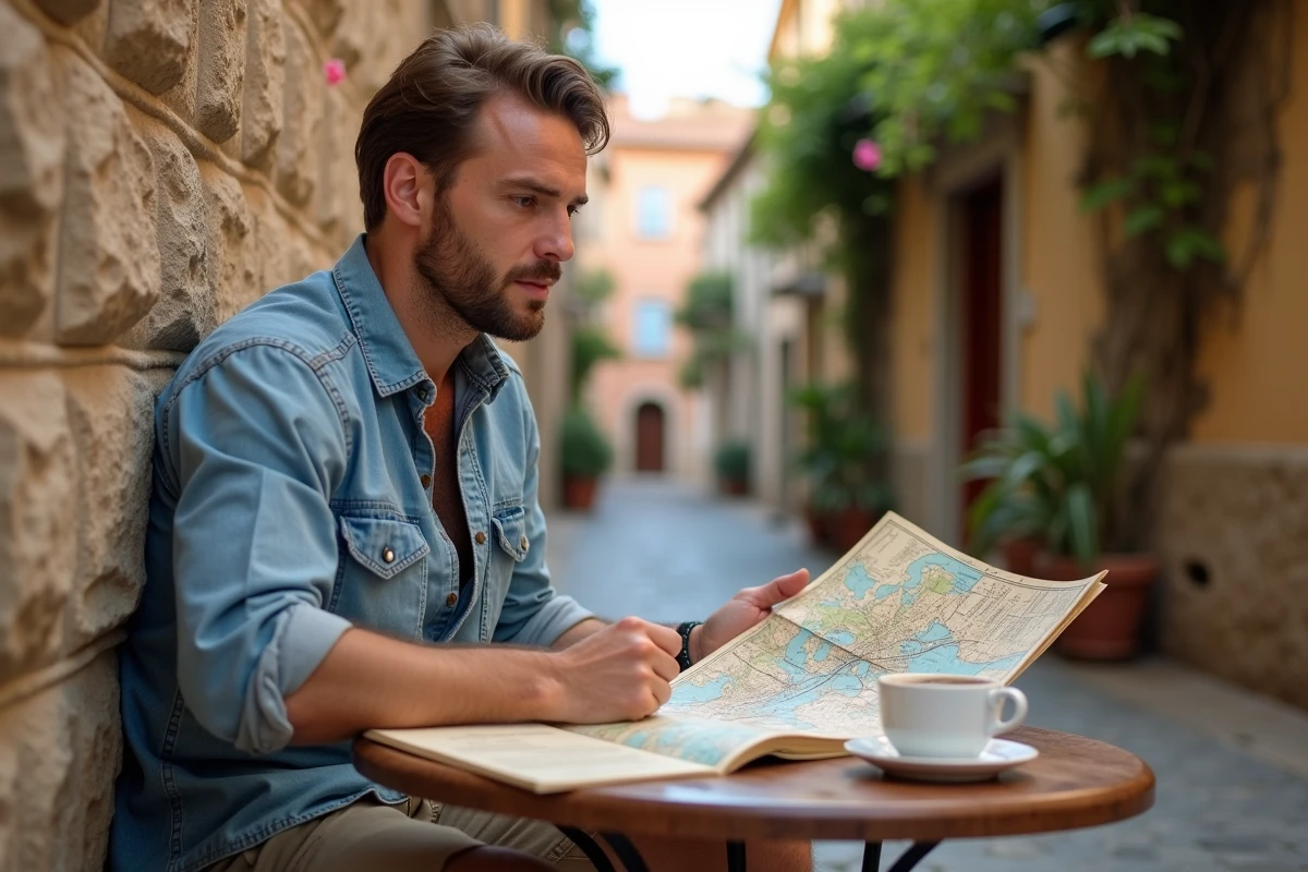 Voyageur solo étudiant une carte dans un café pittoresque d'un village méditerranéen peu touristique pour planifier un voyage économique en août