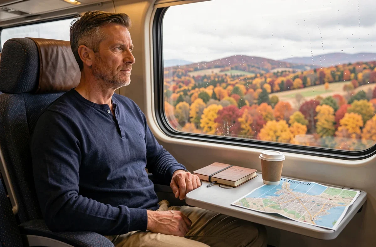 Homme regardant le paysage automnal depuis la fenêtre d'un train entre Montréal et New York