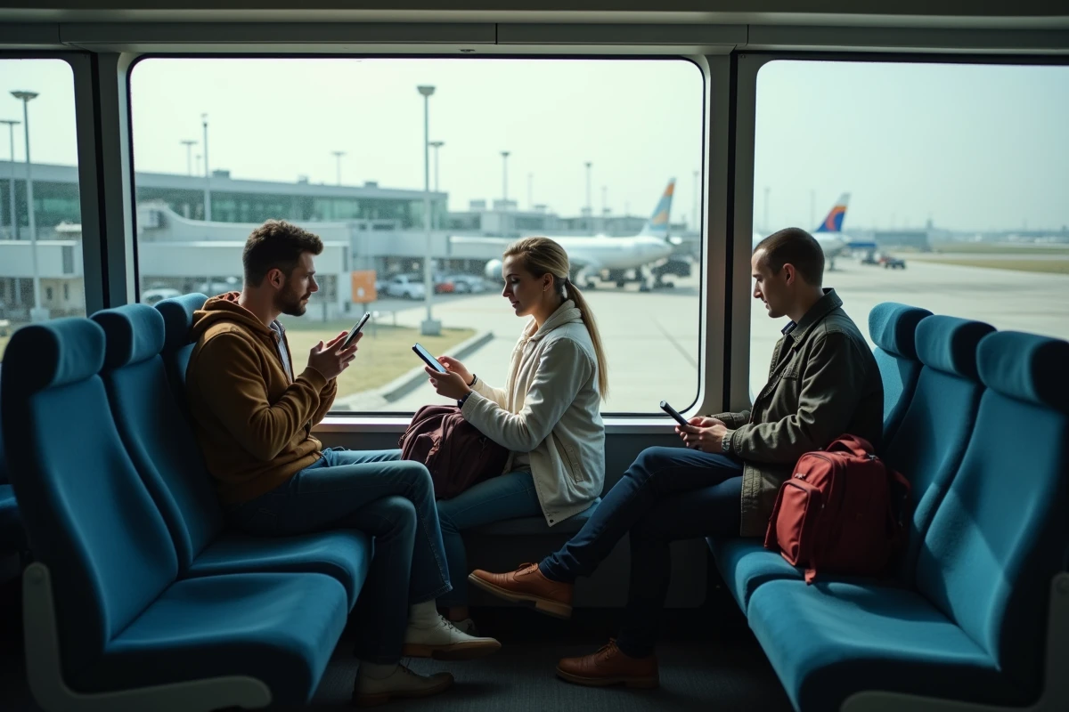 Groupe de voyageurs assis dans un bus navette depuis l'aéroport de Gatwick vers Londres