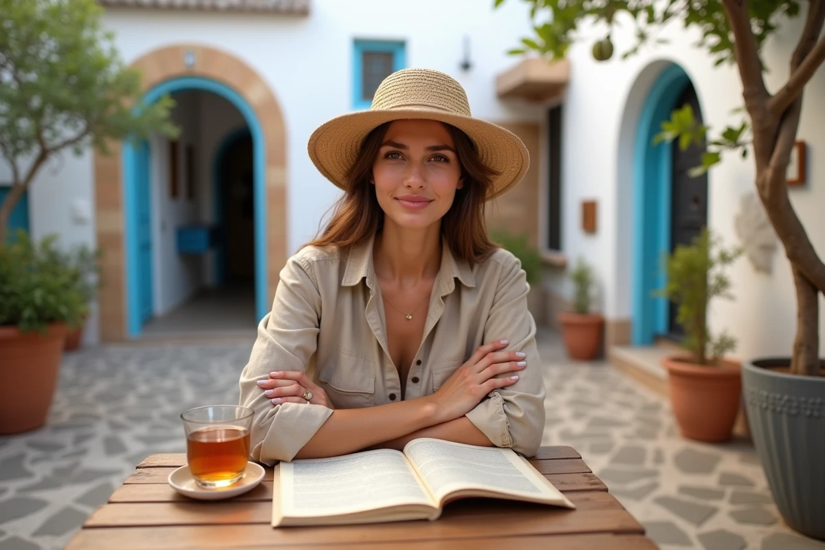 Voyageuse consultant un guide de voyage en terrasse d'un café traditionnel dans la médina de Djerba avant de partir pour Ksar Ghilane