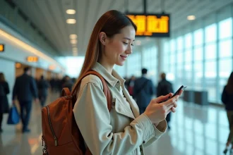 Voyageuse consultant l'application eSIM Saily sur son smartphone dans un terminal d'aéroport international