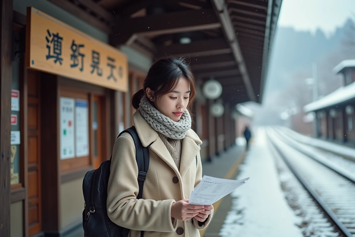 Voyageuse seule sur le quai enneigé d'une gare rurale japonaise près de Nozawa Onsen en hiver