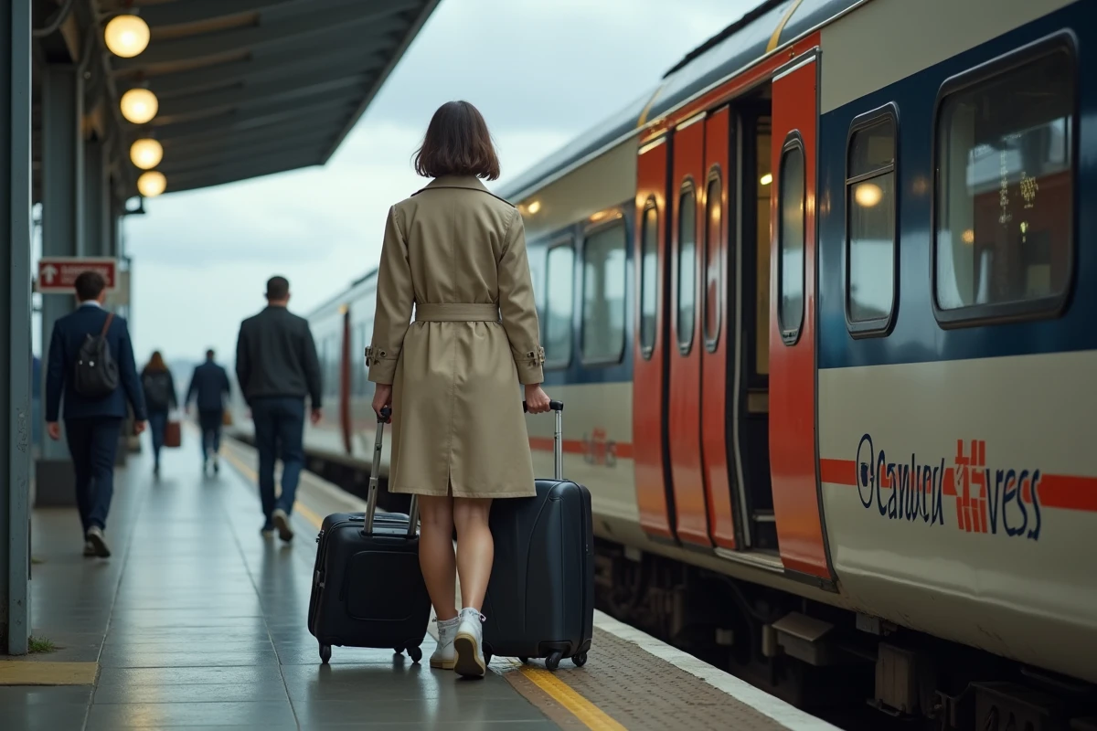 Voyageuse montant dans le Gatwick Express avec une valise à roulettes sur le quai de la gare de l'aéroport