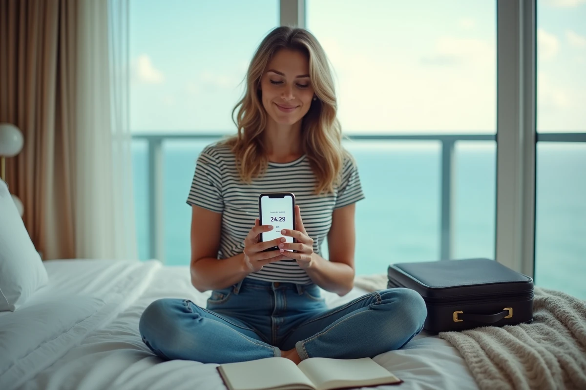 Jeune voyageuse dans une chambre d'hôtel à Miami consultant l'heure sur son téléphone pour comprendre le décalage horaire avec la France