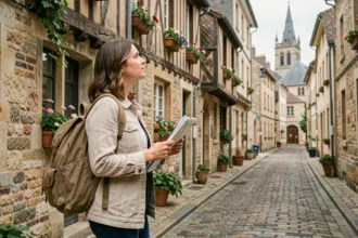 Voyageuse avec sac à dos explorant les rues pavées historiques de Bayeux en Normandie